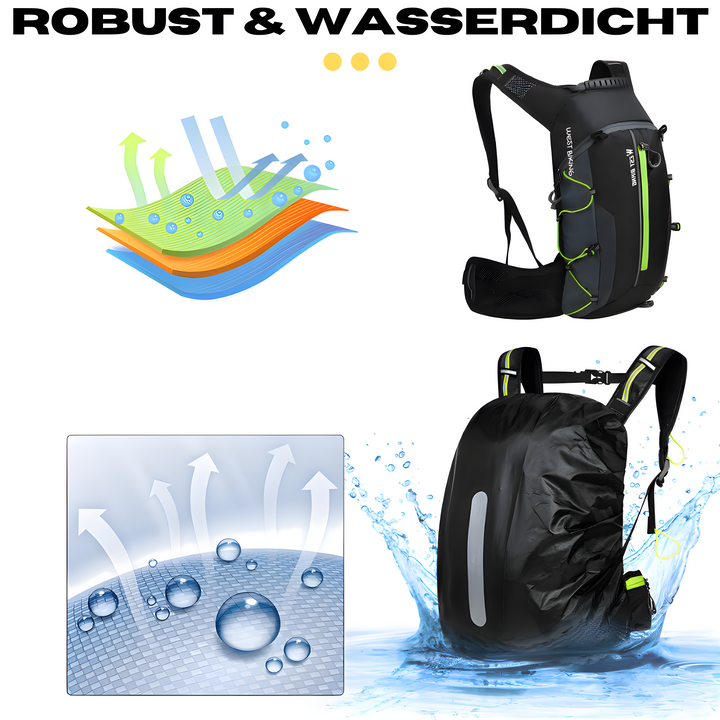 Wasserdichter, robuster schwarzer Fahrradrucksack mit reflektierenden Streifen und grünen Akzenten.