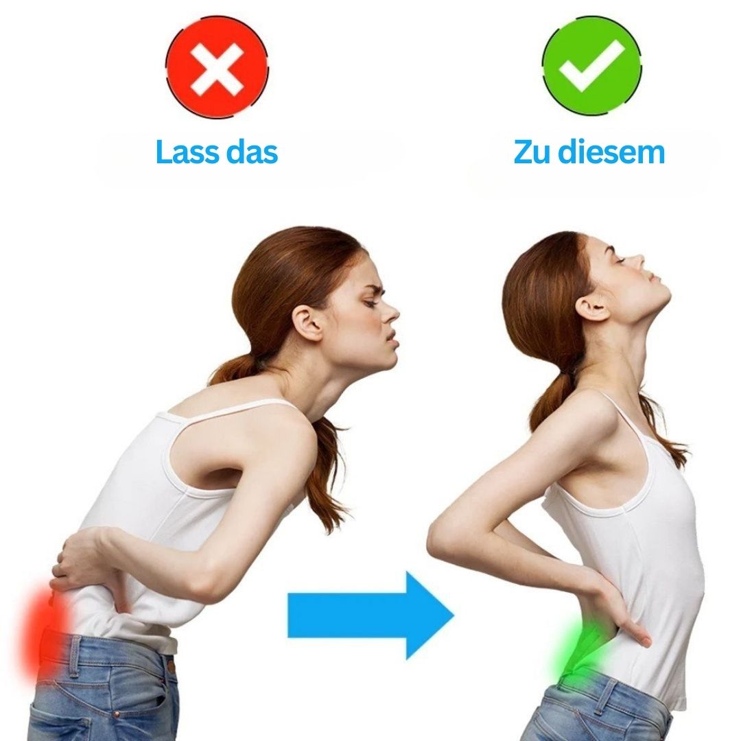 Frau mit Rückenschmerzen, falsche und richtige Haltung, Rückenschmerzen vermeiden, Gesundheitstipps