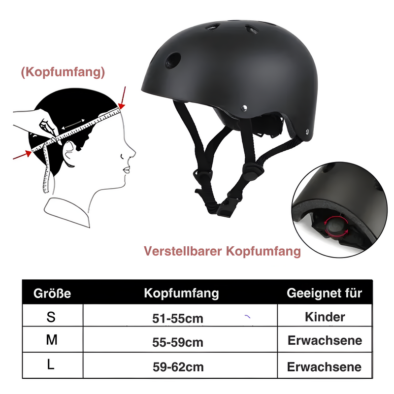 Schwarzer verstellbarer Fahrradhelm für Erwachsene, Kinder, Größen S-L, Kopfumfangsanpassung.