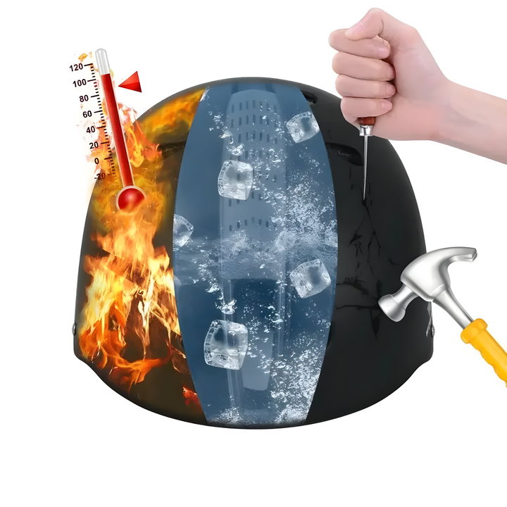 Schwarzer Schutzhelm, hitze- und kältebeständig, mit Eishammer und Thermometer, robustes Design.
