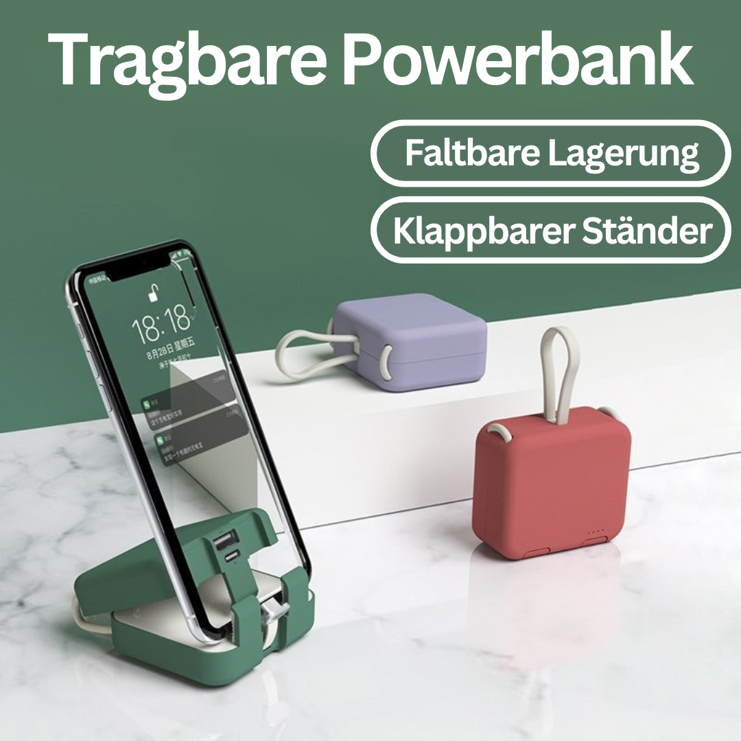 Tragbare Powerbank mit faltbarem Ständer, grün, für Smartphones, kompakt und vielseitig.