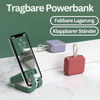 Tragbare Powerbank mit faltbarem Ständer, grün, für Smartphones, kompakt und vielseitig.