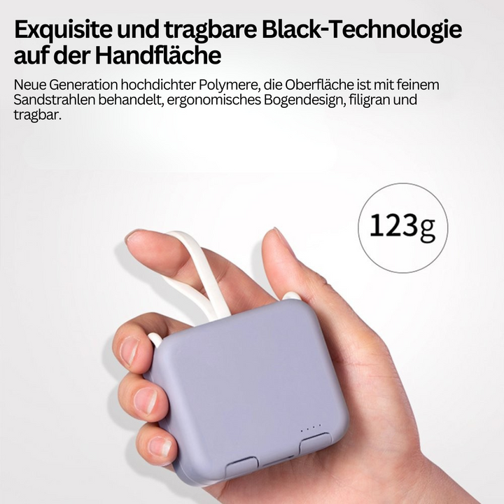 Tragbares Ladegerät, grau, 123g, ergonomisches Design, handflächengroß, Black-Technologie.