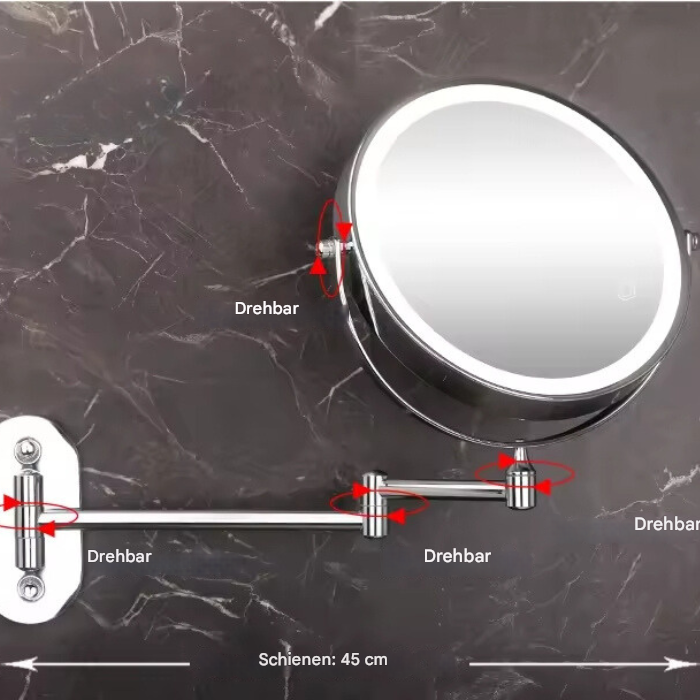 Verstellbarer, runder Kosmetikspiegel mit Schwenkarm, Edelstahl, Wandmontage, 45 cm Schiene.