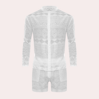 Weißer Häkel-Shortsanzug für Herren, langärmlig, Sommermode, atmungsaktiv, elegant.