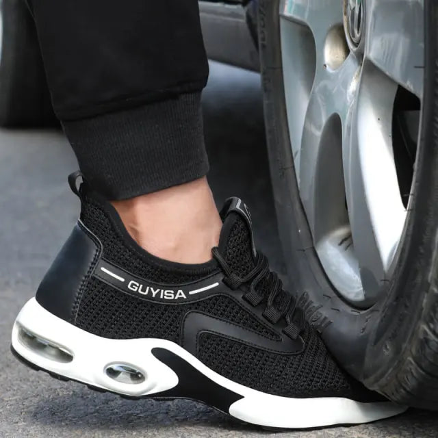 Schwarze GUYISA Sicherheitsschuhe, atmungsaktiv, rutschfest, stoßdämpfend, für Arbeitsschutz.