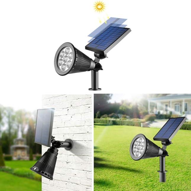Schwarzer solarbetriebener LED-Gartenspot, verstellbar, für Außenbeleuchtung.
