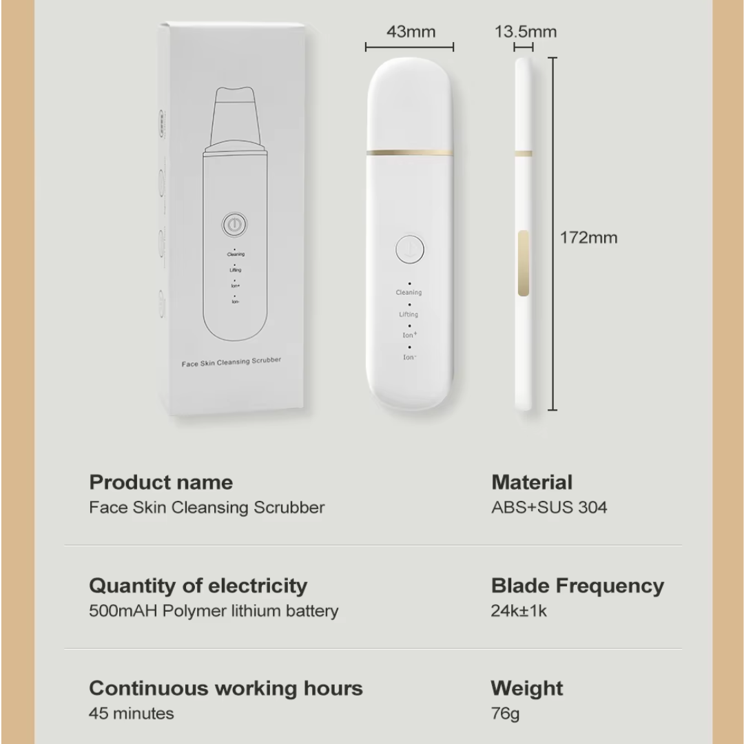 Gesichtshautreinigungsschrubber, weiß, ABS+SUS 304, 500mAh Akku, 24kHz, 76g, 45 Min. Laufzeit.