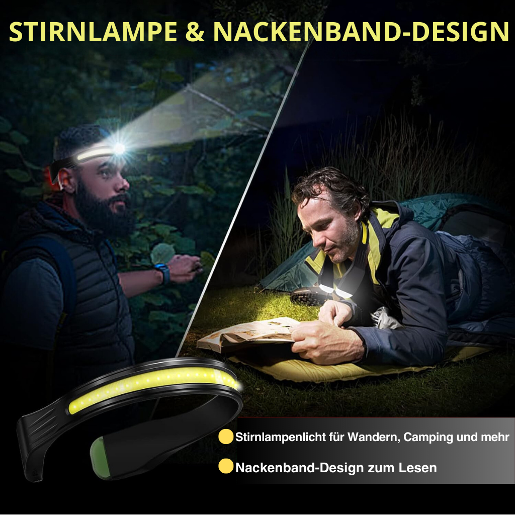 Stirnlampe mit Nackenband, LED, ideal zum Wandern, Camping, Lesen, schwarz-gelb Design.