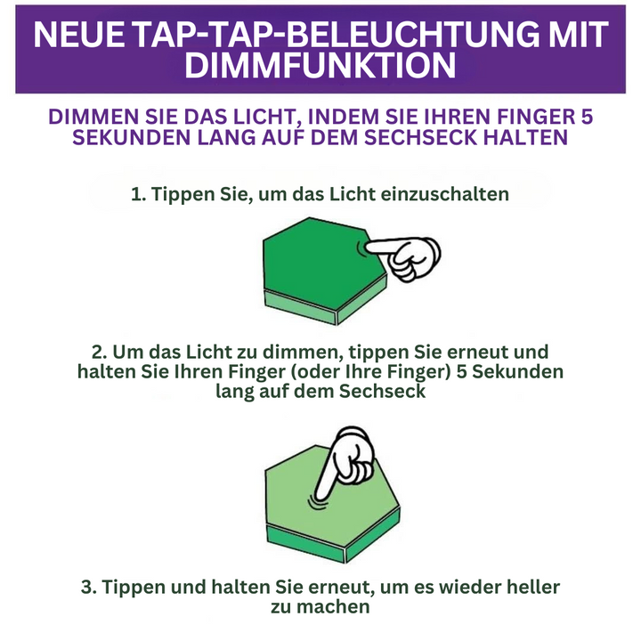 Neue Tap-Tap-Beleuchtung mit Dimmer, grün, sechseckig, Touch-Steuerung, Anleitung.