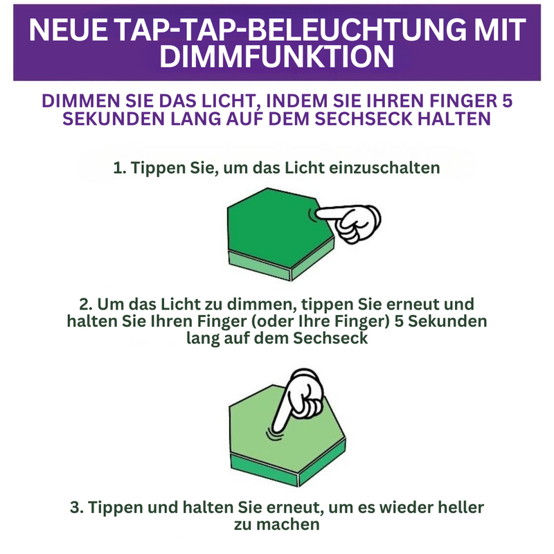 Neue Tap-Tap-Beleuchtung mit Dimmer, grün, sechseckig, Touch-Steuerung, Anleitung.