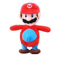 Rotes und blaues Plüschtier, inspiriert von Videospielcharakter, mit roter Mütze und Schnurrbart.