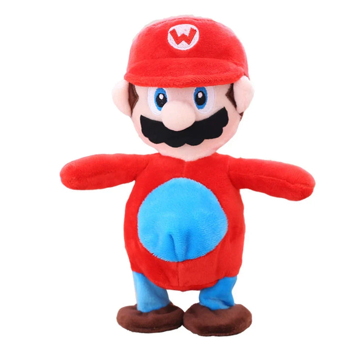 Rotes und blaues Plüschtier, inspiriert von Videospielcharakter, mit roter Mütze und Schnurrbart.