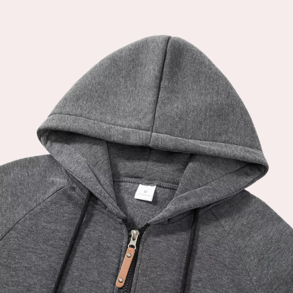 Grauer Kapuzenpullover aus Baumwolle mit Reißverschluss und Kordelzug, Unisex, Freizeitmode.