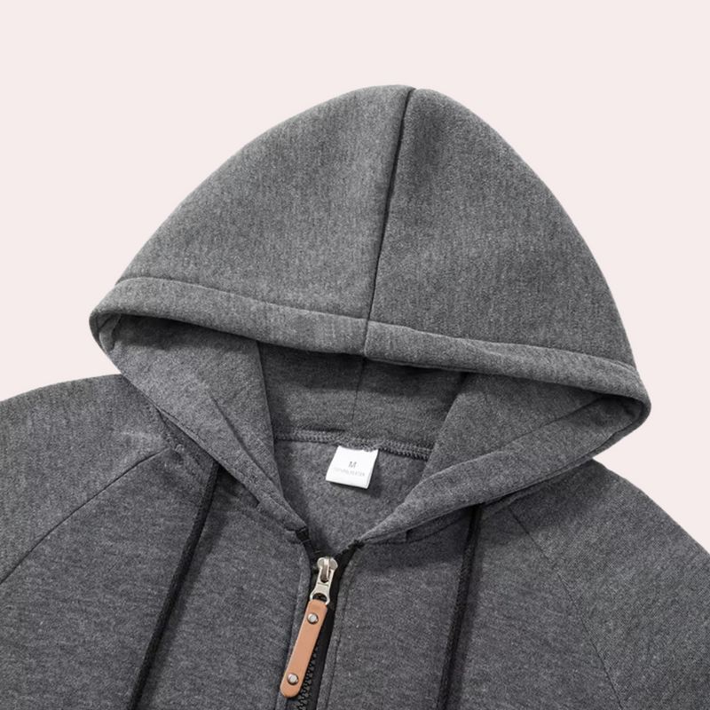 Grauer Kapuzenpullover aus Baumwolle mit Reißverschluss und Kordelzug, Unisex, Freizeitmode.