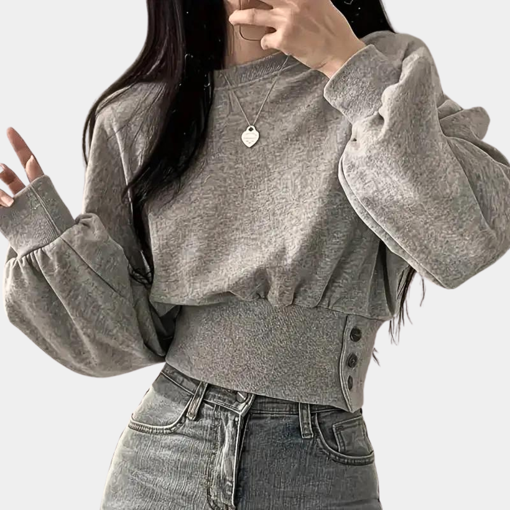 Grauer Damenpullover mit Ballonärmeln, tailliert, modisch, bequem, aus Baumwollmischung.