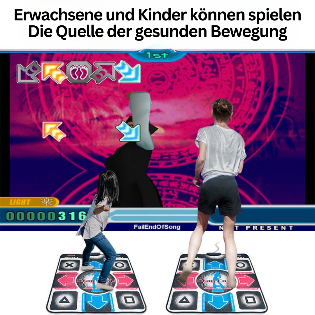 Zwei Personen tanzen auf Tanzmatten vor einem Bildschirm, Fitnessspiel, Bewegungsspiel.