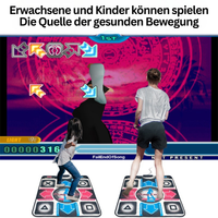 Zwei Personen tanzen auf Tanzmatten vor einem Bildschirm, Fitnessspiel, Bewegungsspiel.