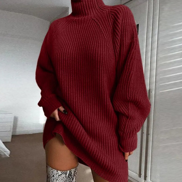 Damen Oversize Pullover Kleid, rot, Strick, Rollkragen, modisch, gemütlich, Herbstmode.