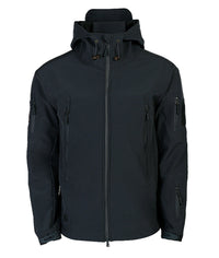 Schwarze Softshell-Jacke mit Kapuze, Reißverschlusstaschen, Outdoor-Bekleidung, Herrenmode.