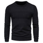 Schwarzer Herrenpullover, Strickmuster, Rundhalsausschnitt, Langarm, modisch, warm.