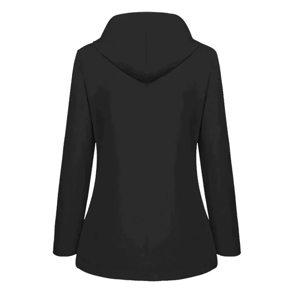 Schwarzer Damen-Hoodie, langärmelig, Kapuze, Baumwolle, Rückansicht, modisch, bequem.