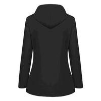 Schwarzer Damen-Hoodie, langärmelig, Kapuze, Baumwolle, Rückansicht, modisch, bequem.