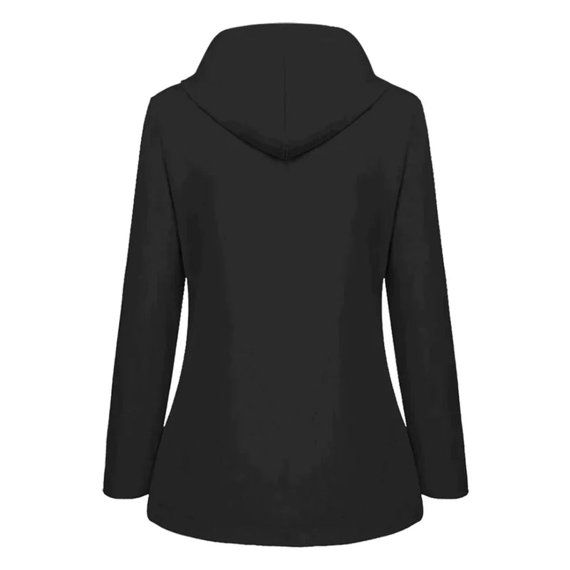 Schwarzer Damen-Hoodie, langärmelig, Kapuze, Baumwolle, Rückansicht, modisch, bequem.