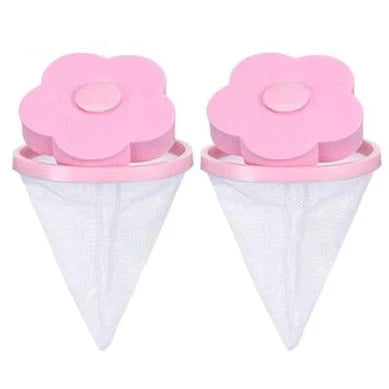 Zwei rosa Blüten-Waschmaschinen-Flusenfänger, Kunststoff, effizienter Wäscheschutz.