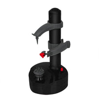 Schwarzer Kunststoff-Flaschenhalter mit grauen Halterungen und rotem Detail, modern und funktional.