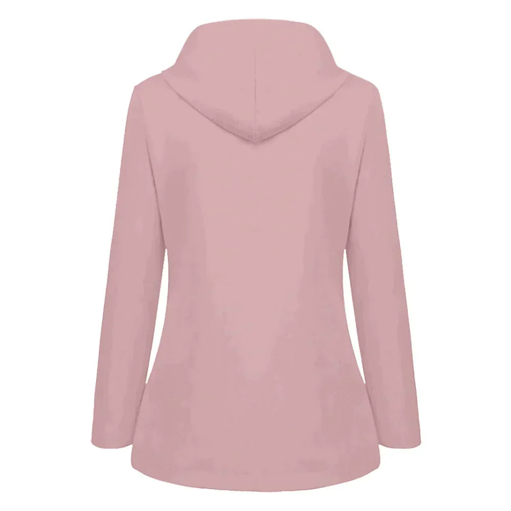 Rosa Damen-Hoodie, langärmelig, Kapuze, Freizeitmode, weiches Material, Rückansicht.