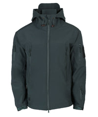 Dunkelgrüne Softshelljacke mit Kapuze, Reißverschlusstaschen, Outdoor-Bekleidung, Herren.