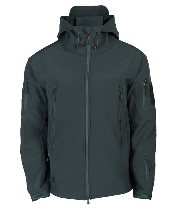 Dunkelgrüne Softshelljacke mit Kapuze, Reißverschlusstaschen, Outdoor-Bekleidung, Herren.