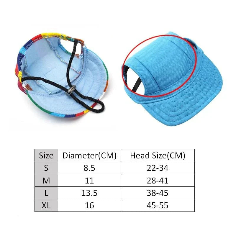 Blaue Hundemütze mit verstellbarem Kinnriemen, Größenübersicht, atmungsaktives Material.