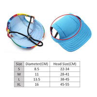 Blaue Hundemütze mit verstellbarem Kinnriemen, Größenübersicht, atmungsaktives Material.