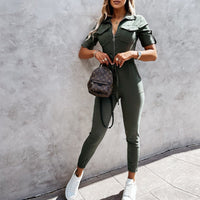 Herbstlicher Kurzarm- und figurbetonter Cargo-Jumpsuit Damen – Malina
