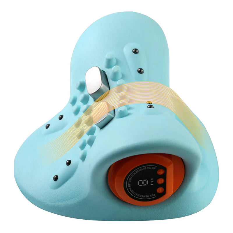 Elektrisches Nackenmassagegerät, blau, mit Wärmefunktion und digitalem Display.