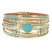 Vielschichtiges Armband, blau-gold, Leder, Magnetverschluss, modisches Accessoire, Damen-Schmuck.