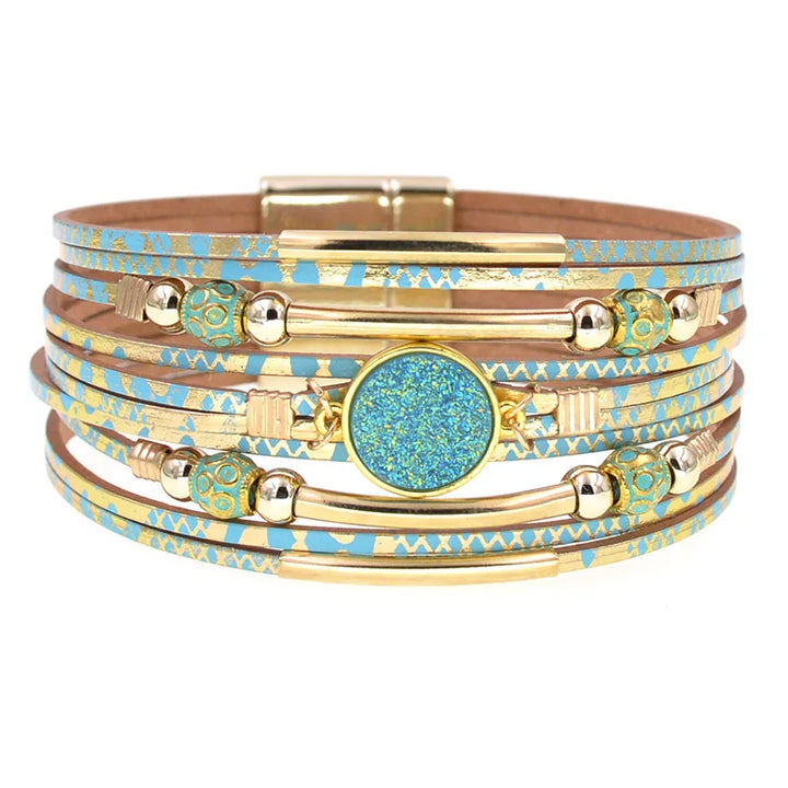 Vielschichtiges Armband, blau-gold, Leder, Magnetverschluss, modisches Accessoire, Damen-Schmuck.