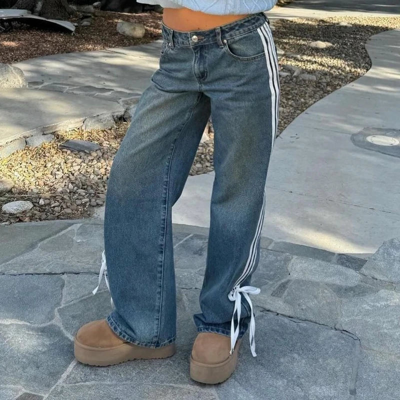 Damen Y2K Jeans mit weitem Bein, seitlichem Streifen, Schnürung, Vintage-Design, blaues Denim.