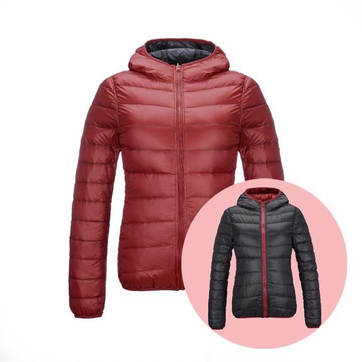 Rote Daunenjacke mit Kapuze, leicht, warm, für Herren, Wintermode, Outdoor-Bekleidung.
