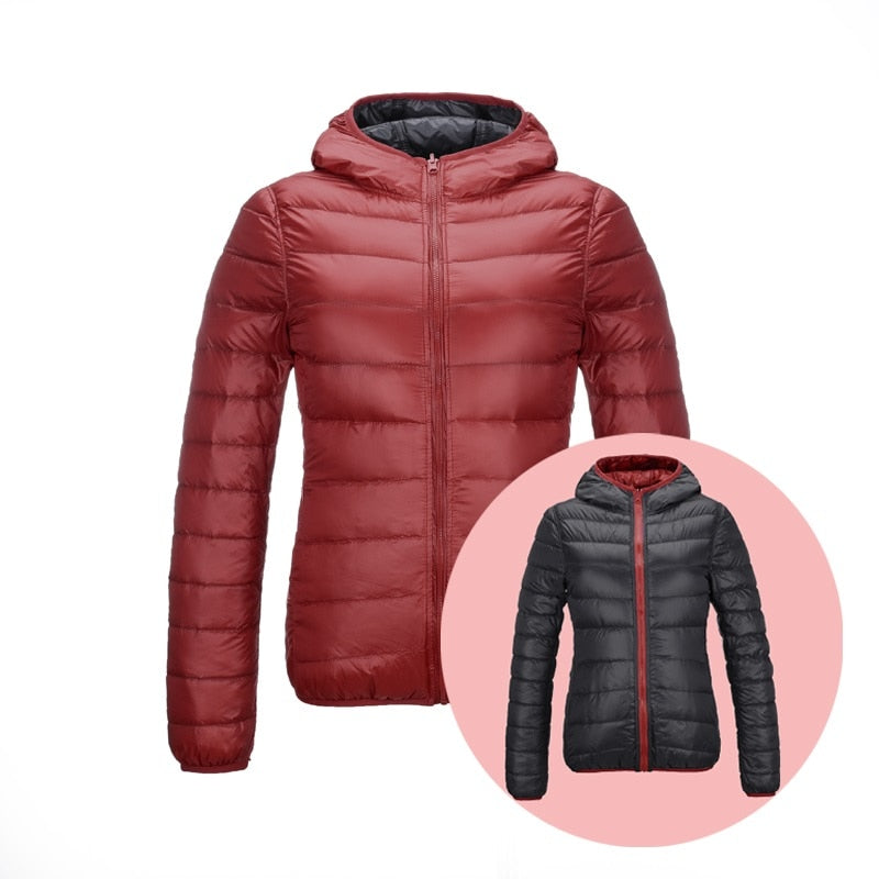 Rote Daunenjacke mit Kapuze, leicht, warm, für Herren, Wintermode, Outdoor-Bekleidung.