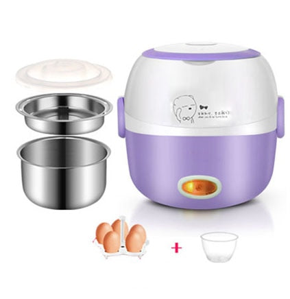 Lila Eierkocher mit Edelstahlbehältern, Deckel und Eierhalter, kompakt und elektrisch.