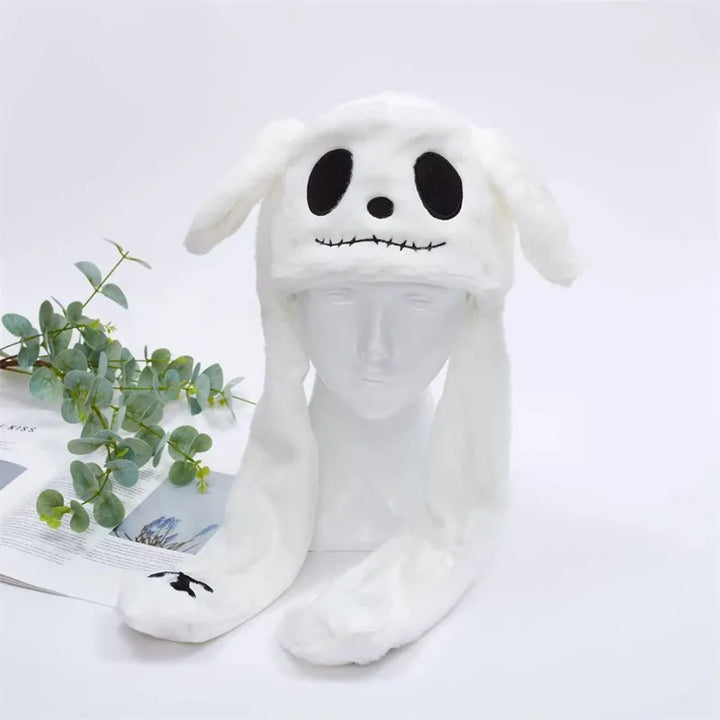 Weiße Plüschmütze mit Skelettdesign, Halloween-Kostüm, weiches Material, lustige Ohren.