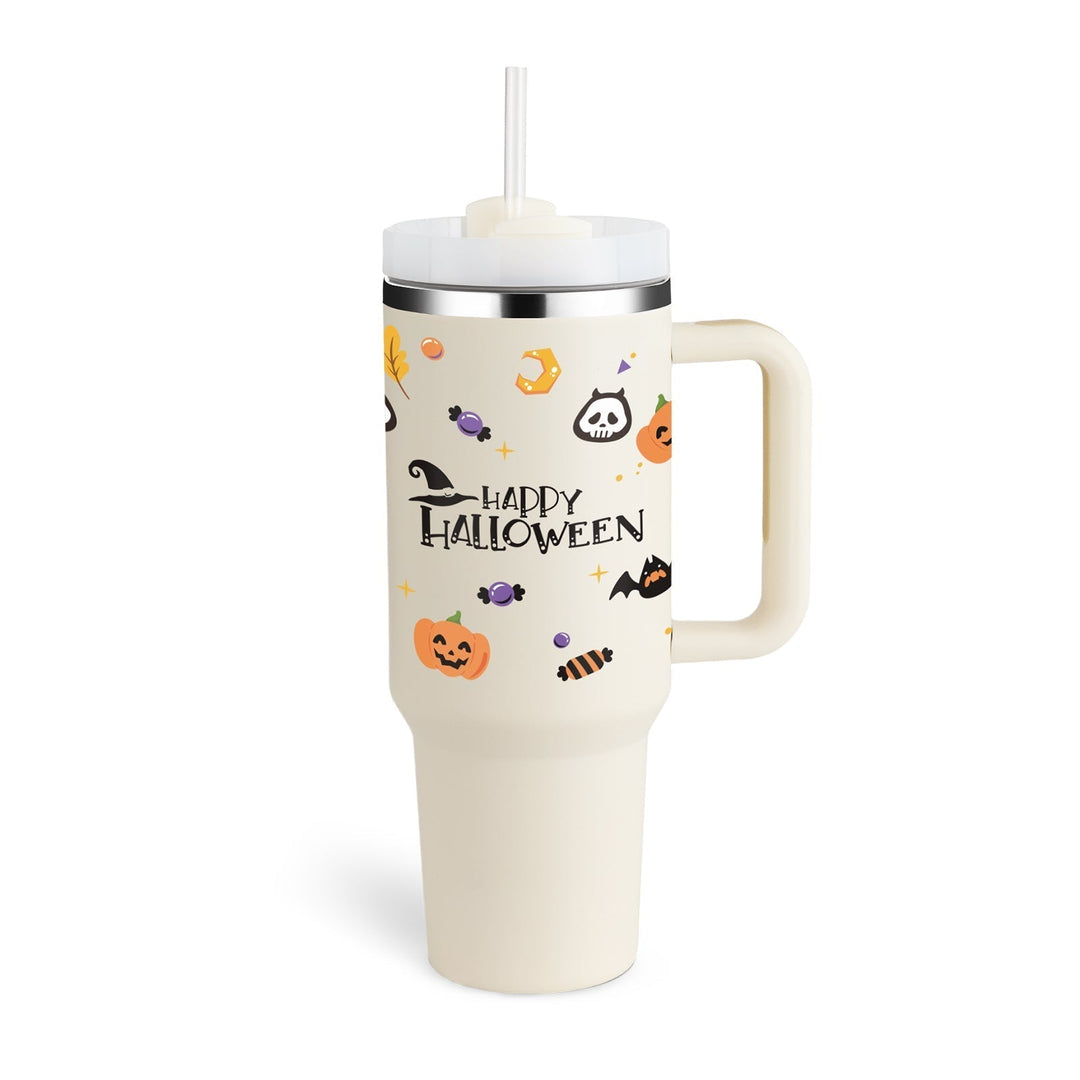 Halloween-Thermobecher mit Strohhalm, Kürbis-Design, weiß, Edelstahl, 900 ml, isoliert
