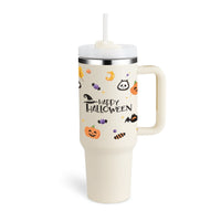 Halloween-Thermobecher mit Strohhalm, Kürbis-Design, weiß, Edelstahl, 900 ml, isoliert