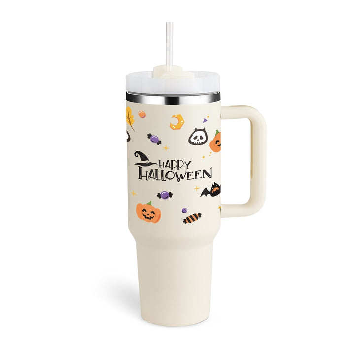 Halloween-Thermobecher mit Strohhalm, Kürbis-Design, weiß, Edelstahl, 900 ml, isoliert