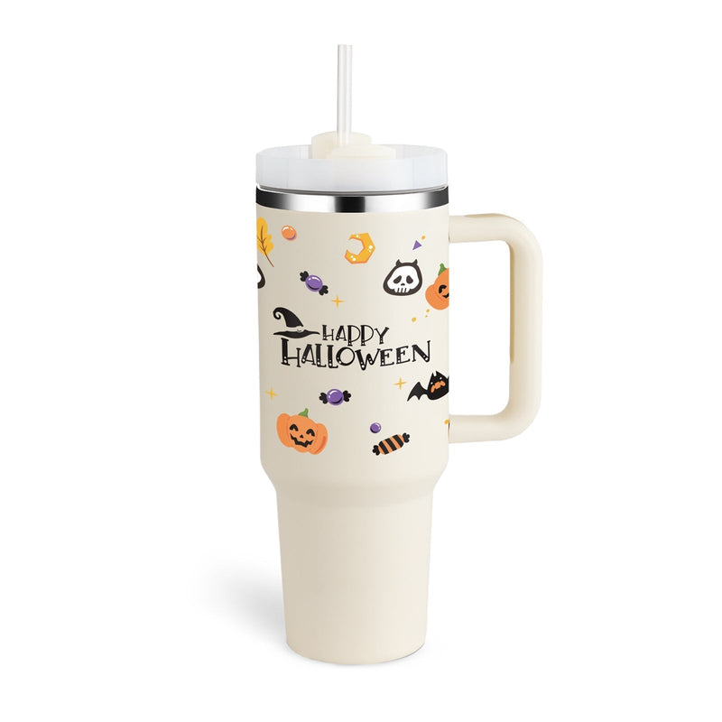 Halloween-Thermobecher mit Strohhalm, Kürbis-Design, weiß, Edelstahl, 900 ml, isoliert