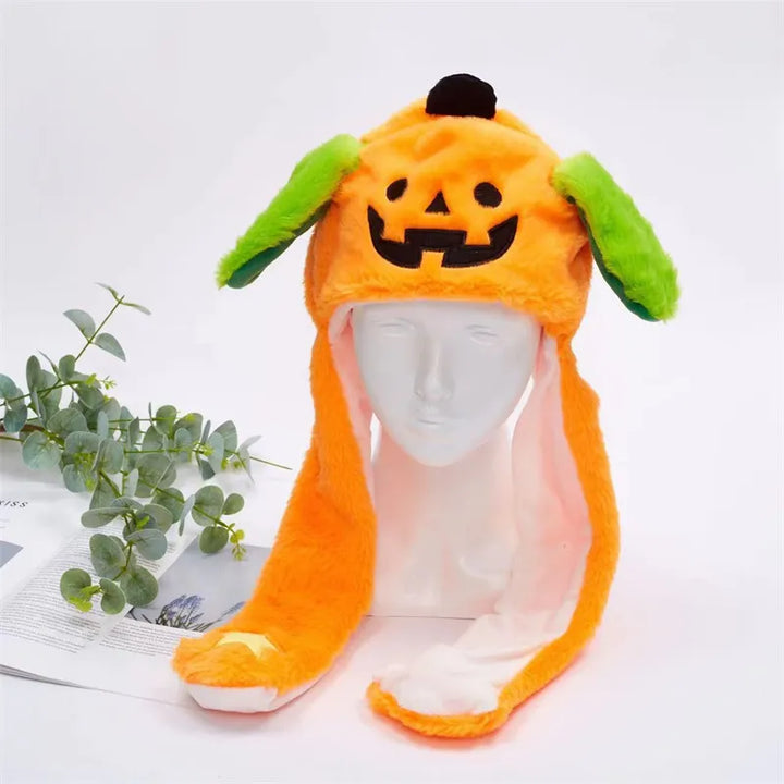 Kürbis-Halloween-Mütze aus Plüsch, orange mit grünen Ohren, lustiges Kostüm-Accessoire.