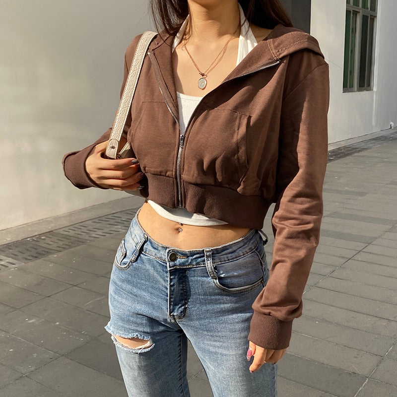 Herbstliche Trendige Figurbetonte Damen Cropped Zip-Up Hoodie mit Kapuze – Alina